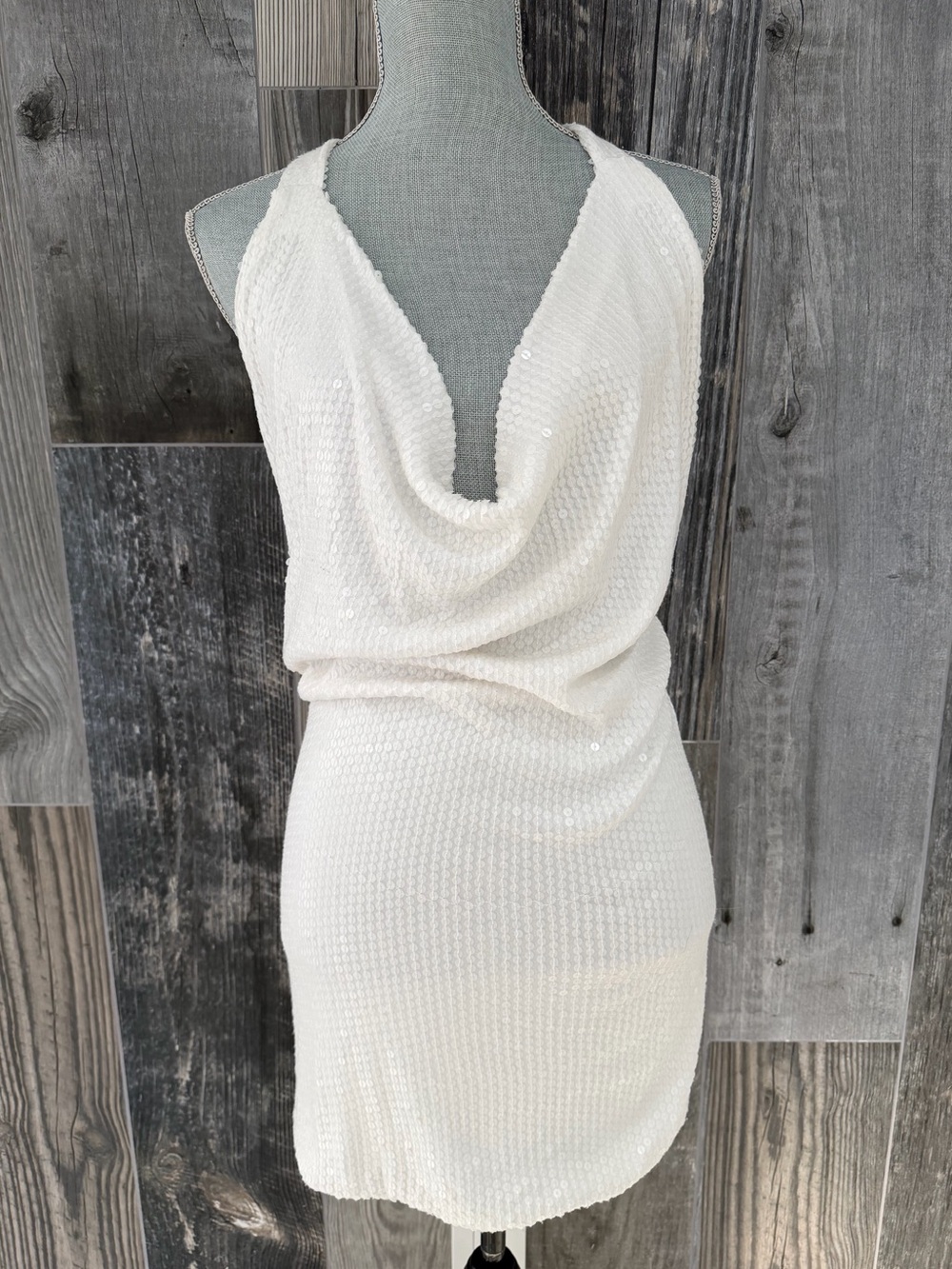 BCBG White Sequin Draped Halter Mini Dress